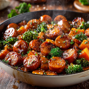 Read more about the article Sausage and Sweet Potatoes with Honey Garlic Sauce – Easy One-Pan Dinner